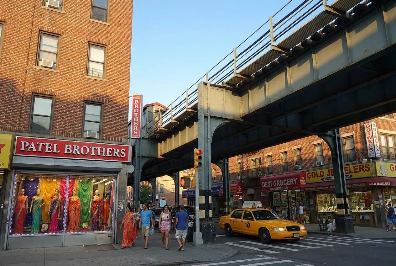74th Street and Roosevelt Avenue, Jackson Heights, with the elevated 7 train (img2img re-imagining of a real CC BY-SA 4.0 street photo by Tdorante10)