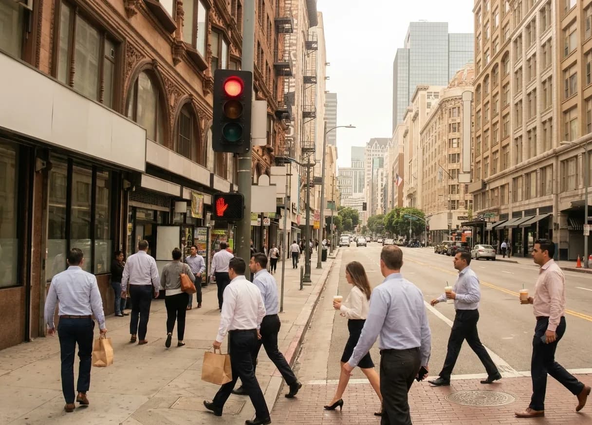 A Downtown Los Angeles street corner at midday, office workers in business-casual clothing crossing with paper takeout bags and iced drinks between historic masonry buildings