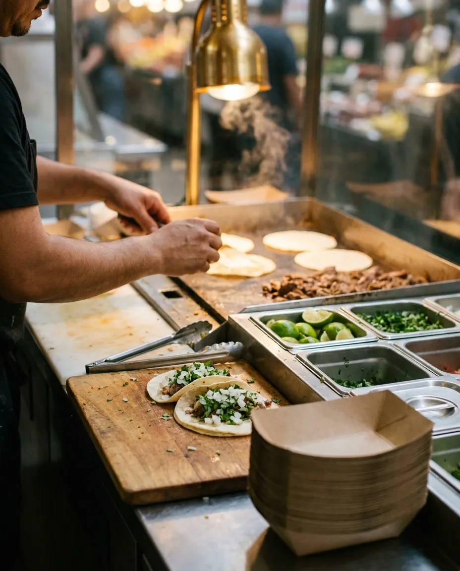 A prepared-food counter inside a Downtown LA food hall at lunchtime, tortillas on a flat-top griddle and two just-assembled tacos on a worn wooden board under a brass heat lamp
