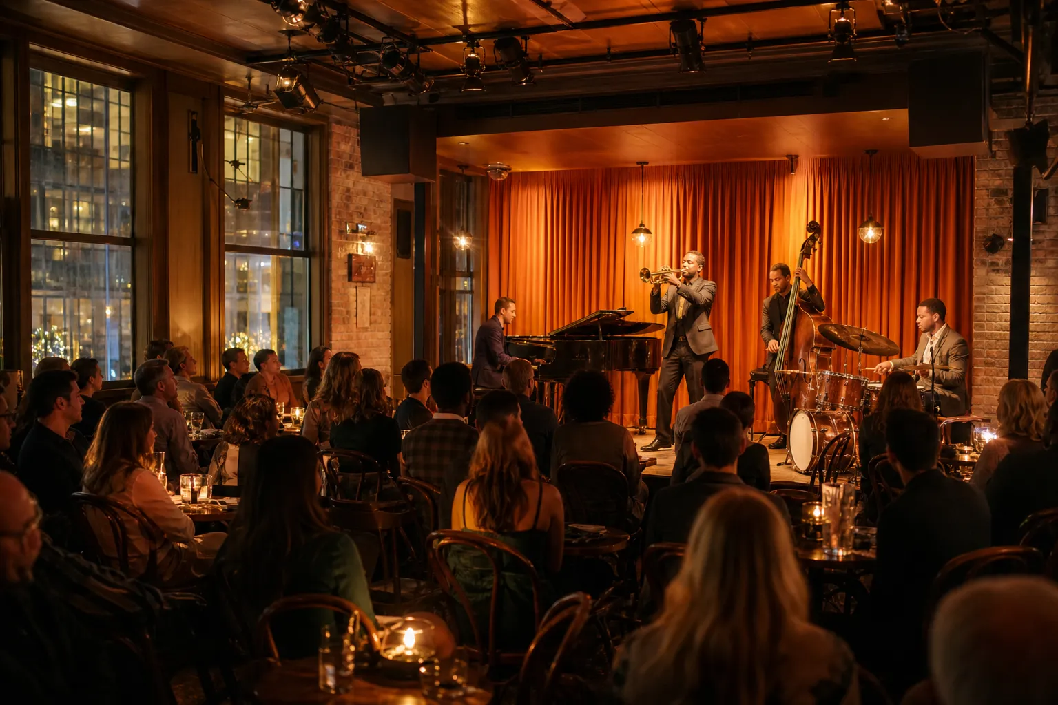 A warm early evening NYC jazz room with seated crowd