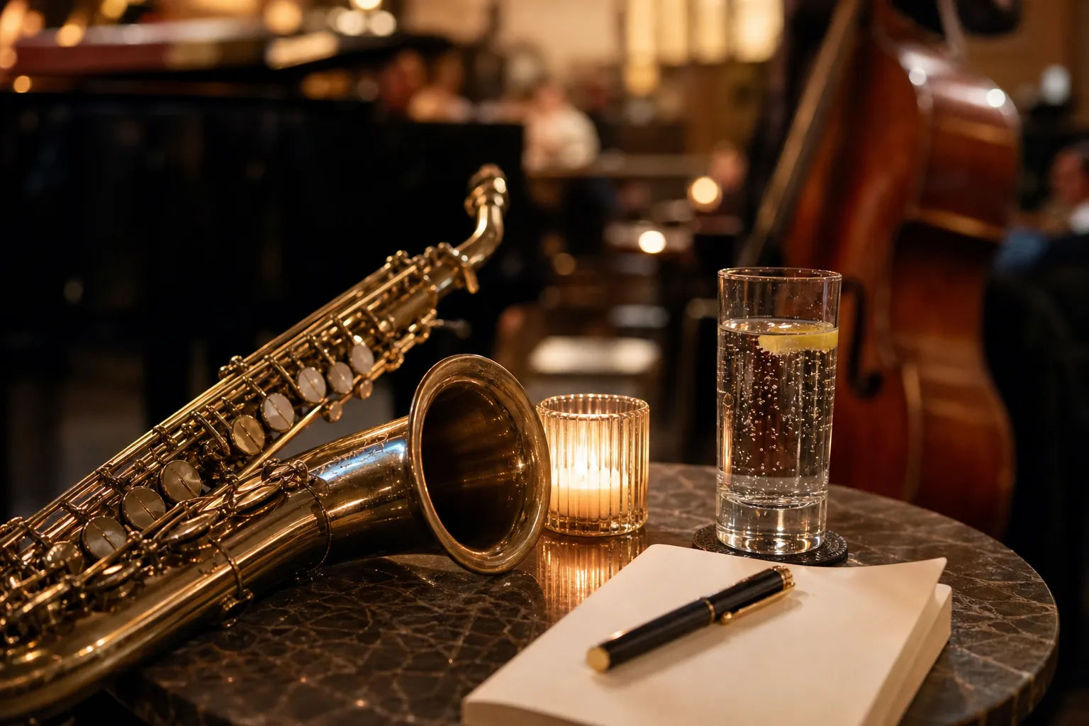 A refined close-up of jazz-night table details and instrument textures