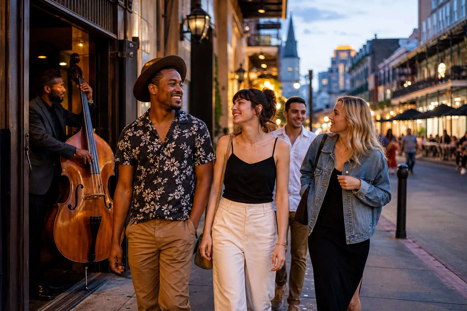 Friends leaving a small jazz room into warm city light
