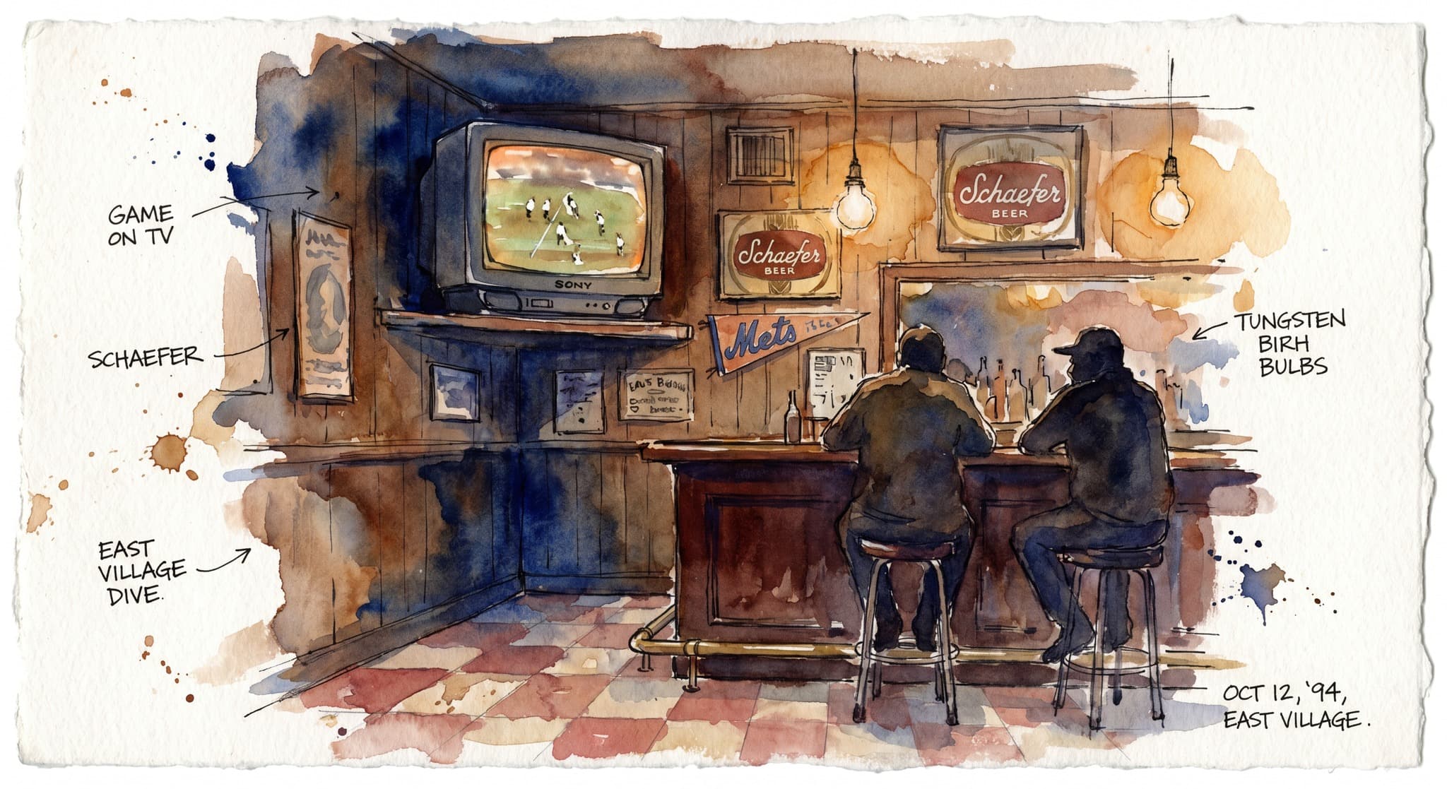 AI-generated watercolor: interior of a 1940s East Village New York dive bar at game time — a chunky 1990s Sony Trinitron CRT television mounted high in the corner showing a blurry green baseball field, scuffed checkered linoleum floor, mahogany bar with brass rail, vintage Schaefer beer signs and a Mets pennant tacked to the wood-paneled wall, two silhouetted patrons on barstools facing the TV, warm amber tungsten bulbs overhead, deep cobalt shadows in the corners, three-quarter view from inside the bar