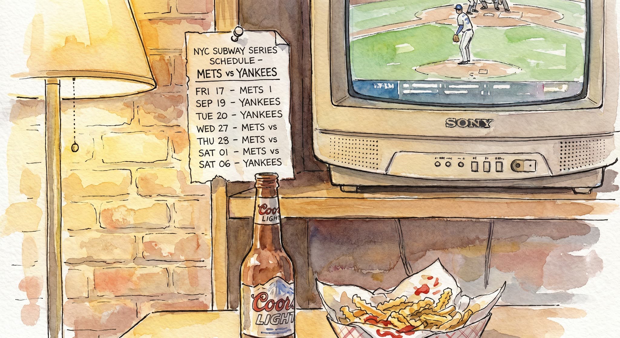 AI-generated watercolor: close-up of the Sony Trinitron CRT television on a wall shelf in an East Village New York dive bar — chunky beige plastic chassis with a curved glass screen, slightly fuzzy baseball broadcast in green and white, a single Coors Light bottle and a half-eaten basket of fries on the small ledge below, a thumb-tacked schedule of NYC Mets-Yankees Subway Series games taped beside it, warm tungsten side-light, painted brick wall behind