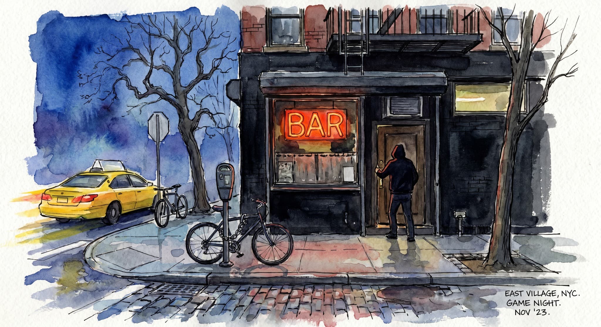AI-generated watercolor: exterior of an East Village New York dive bar at dusk on game night — narrow tenement-style building on East 7th Street, painted black storefront with neon BAR sign in the window glowing amber-red, a single silhouetted figure pushing the door open, two locked-up bikes on a parking meter, a yellow cab passing left to right, cobblestone-and-concrete sidewalk, deep cobalt evening sky, one bare ginkgo tree, street-level three-quarter view