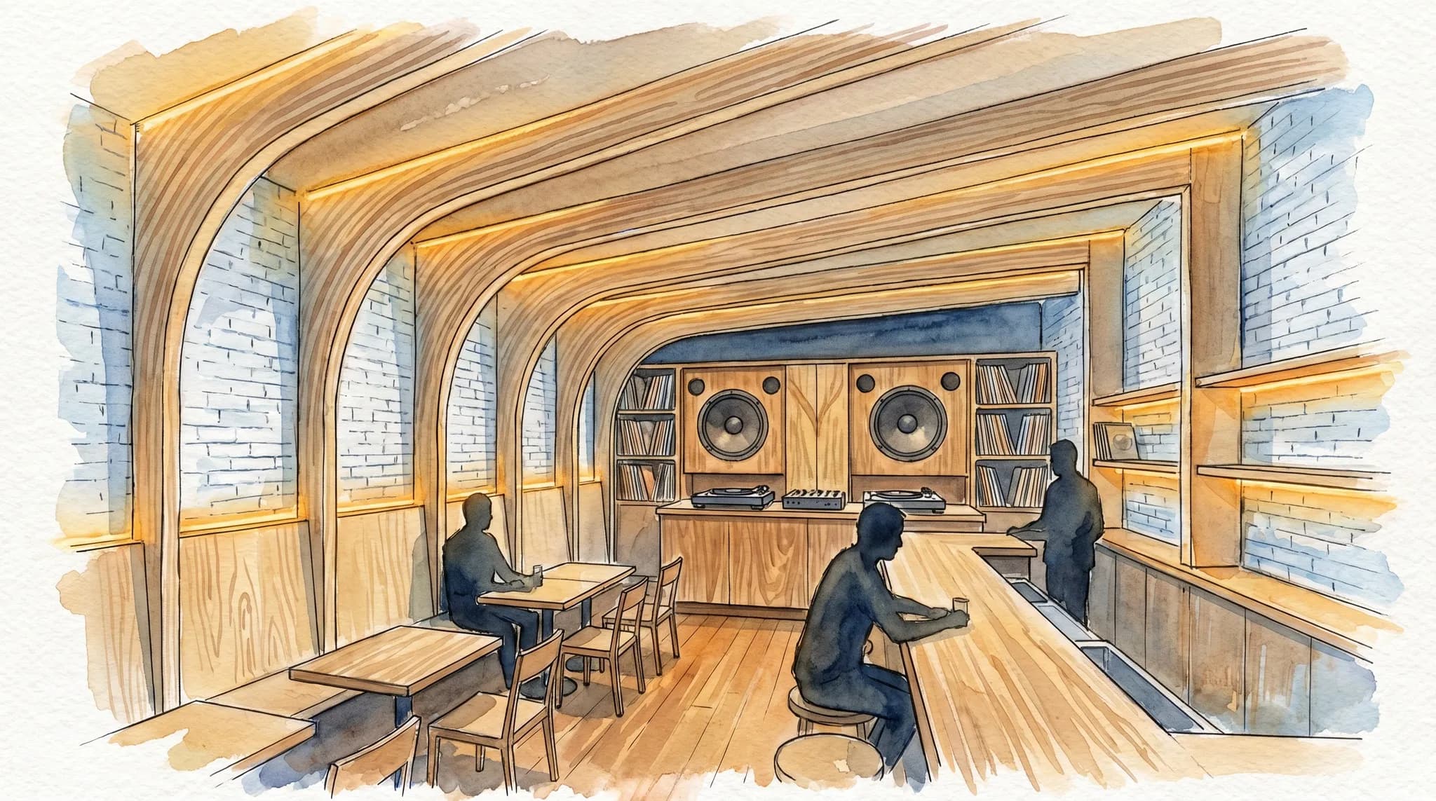 AI-generated watercolor: an intimate listening bar interior with arching Baltic birch plywood ceiling beams, warm LED strip lighting, a custom speaker cabinet at the far end, white brick walls, and three silhouetted figures in amber light