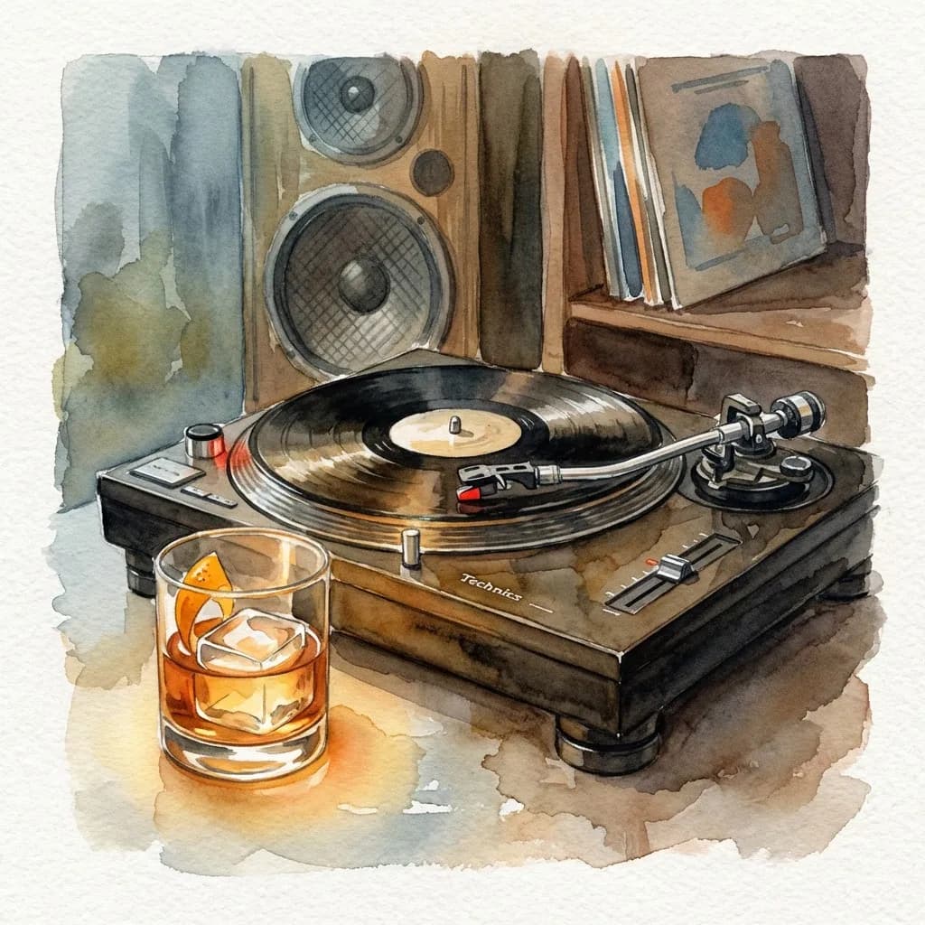 AI-generated watercolor: close-up still life of a Technics turntable spinning a vinyl record, a craft cocktail lowball glass with large ice cube and citrus peel, and circular speaker grilles in a wooden cabinet behind