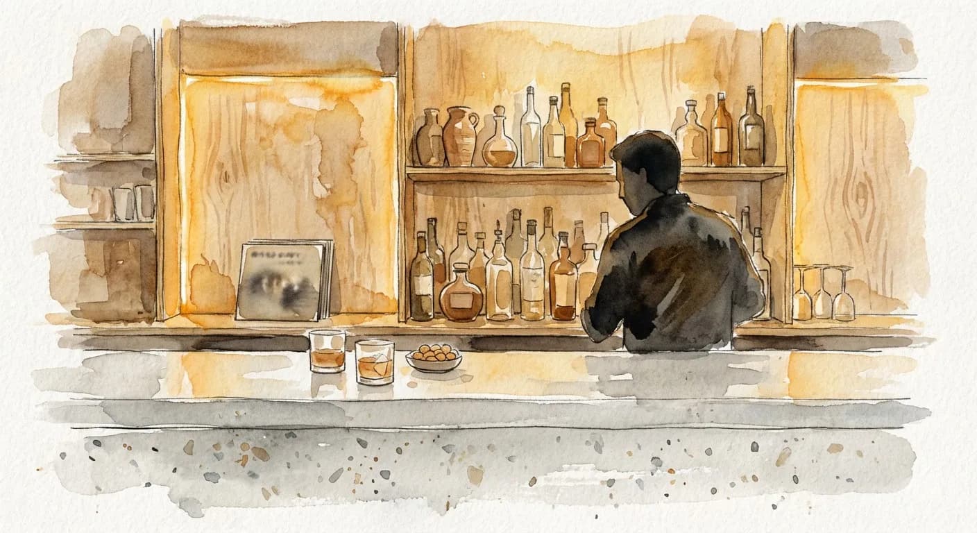 AI-generated watercolor: the Eavesdrop bar counter with white concrete terrazzo top, plywood shelving with natural wine bottles, two cocktail glasses, and a single silhouetted barkeep seen from behind in warm amber light