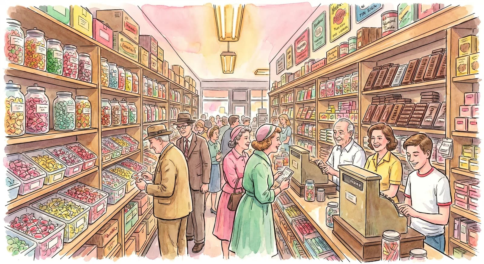 Interior of Economy Candy at 108 Rivington Street, narrow aisle stacked floor to ceiling with candy in glass jars and boxes, three generations of staff at the counter