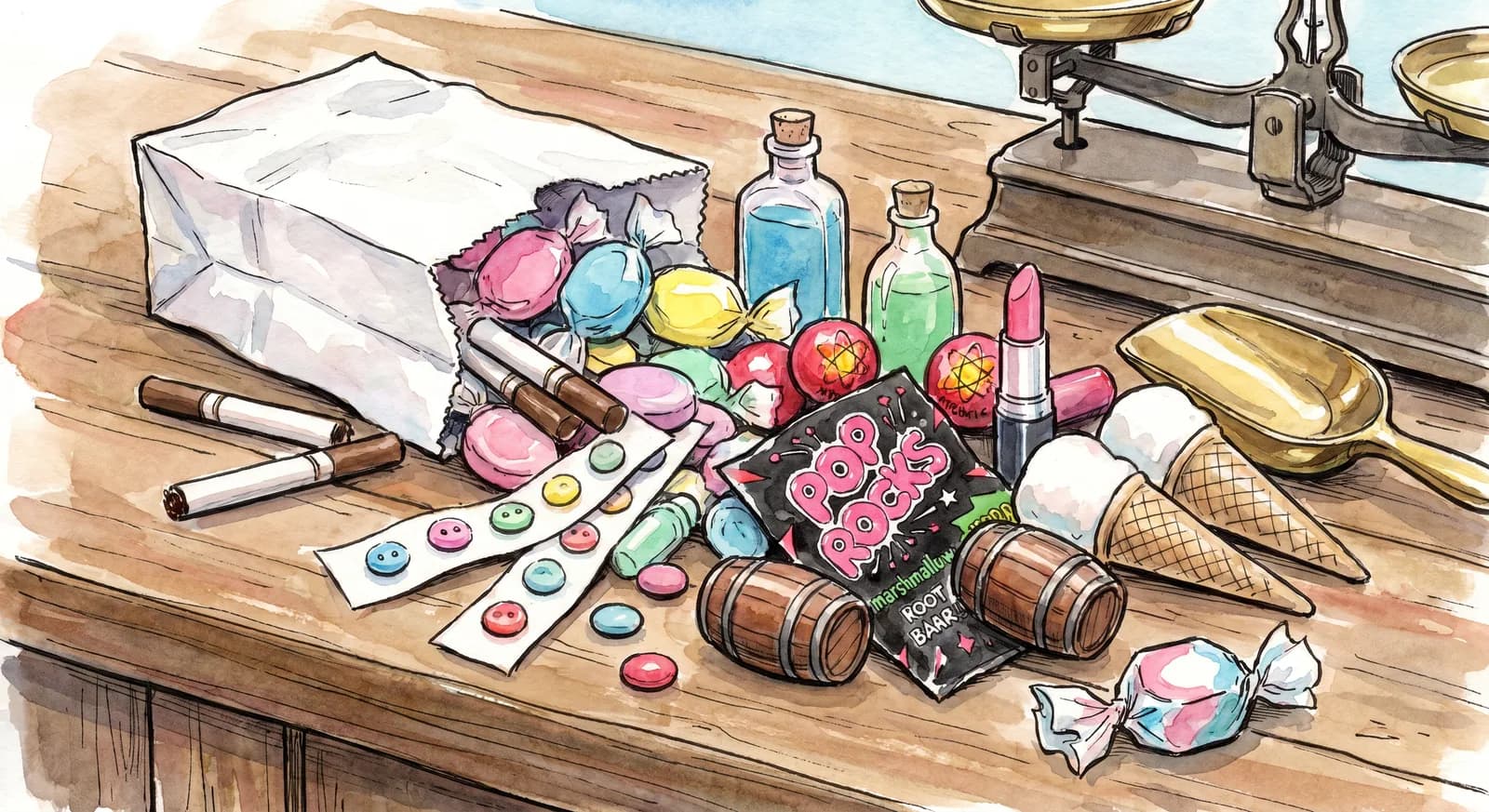 Overhead view of a small paper bag spilling out a mix of penny candies — wax bottles, candy buttons, atomic fireballs, chocolate cigarettes — on a wooden counter