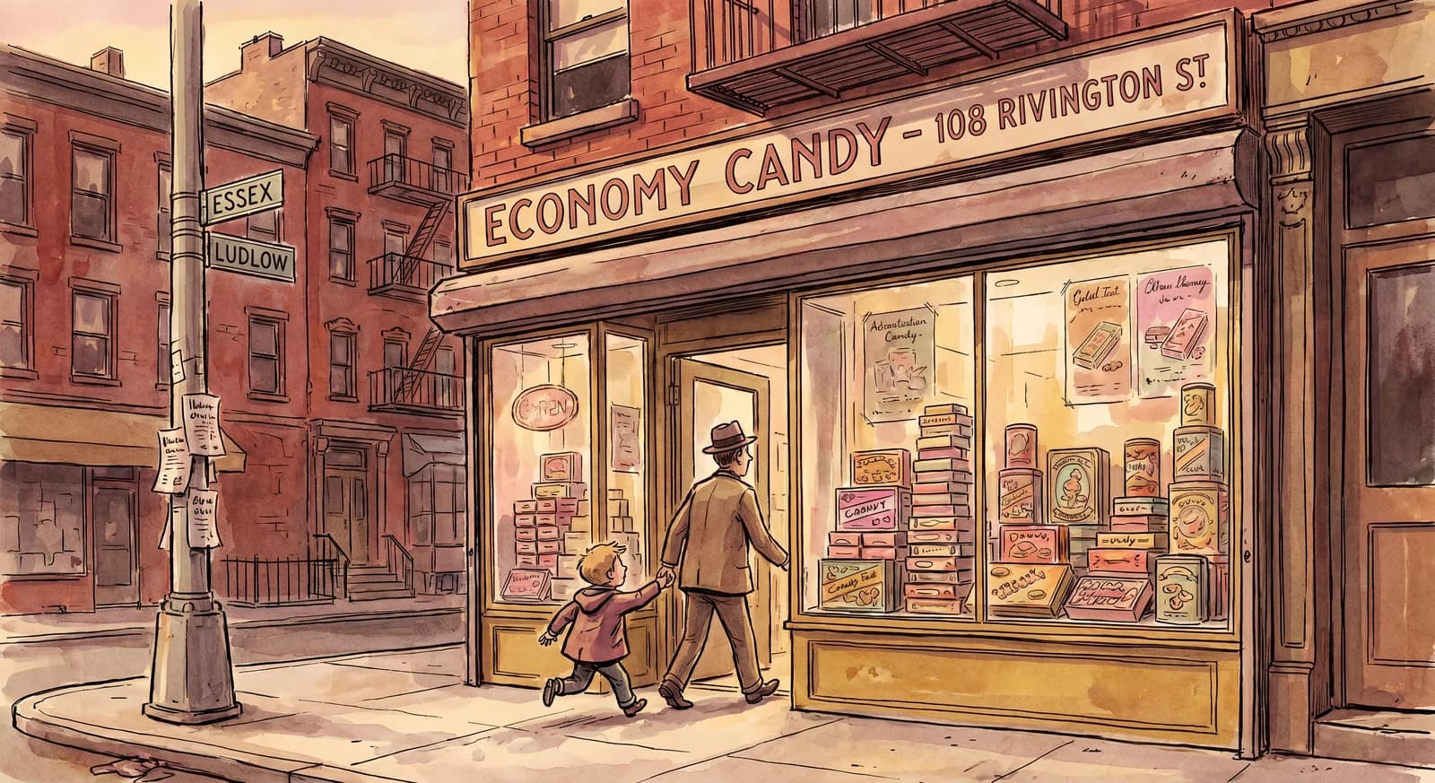 Exterior of Economy Candy at 108 Rivington Street, red-and-yellow painted storefront sign, brick tenement above
