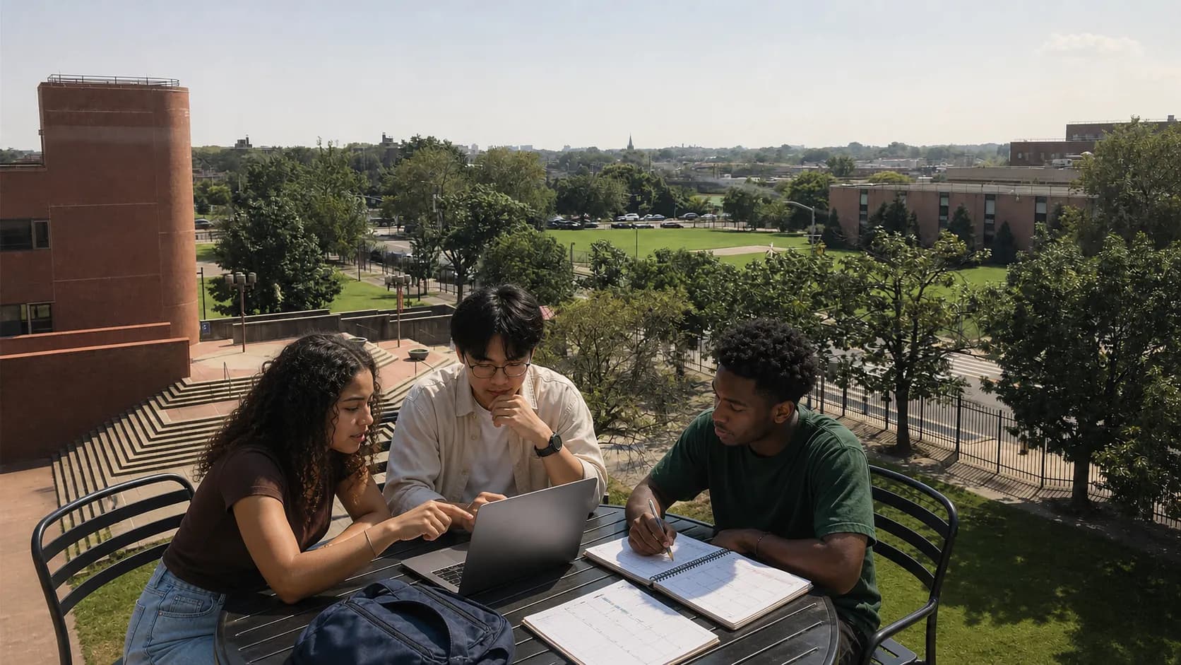 Three New York college students reviewing a budget and official loan information on campus
