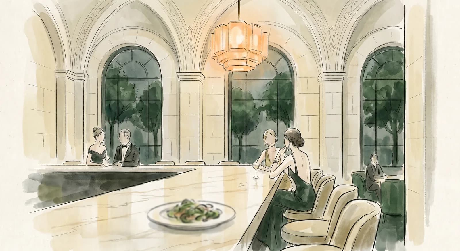The bar room at Eleven Madison Park with art deco ceiling, tall arched windows over Madison Square Park, marble bar and a single plant-based plate