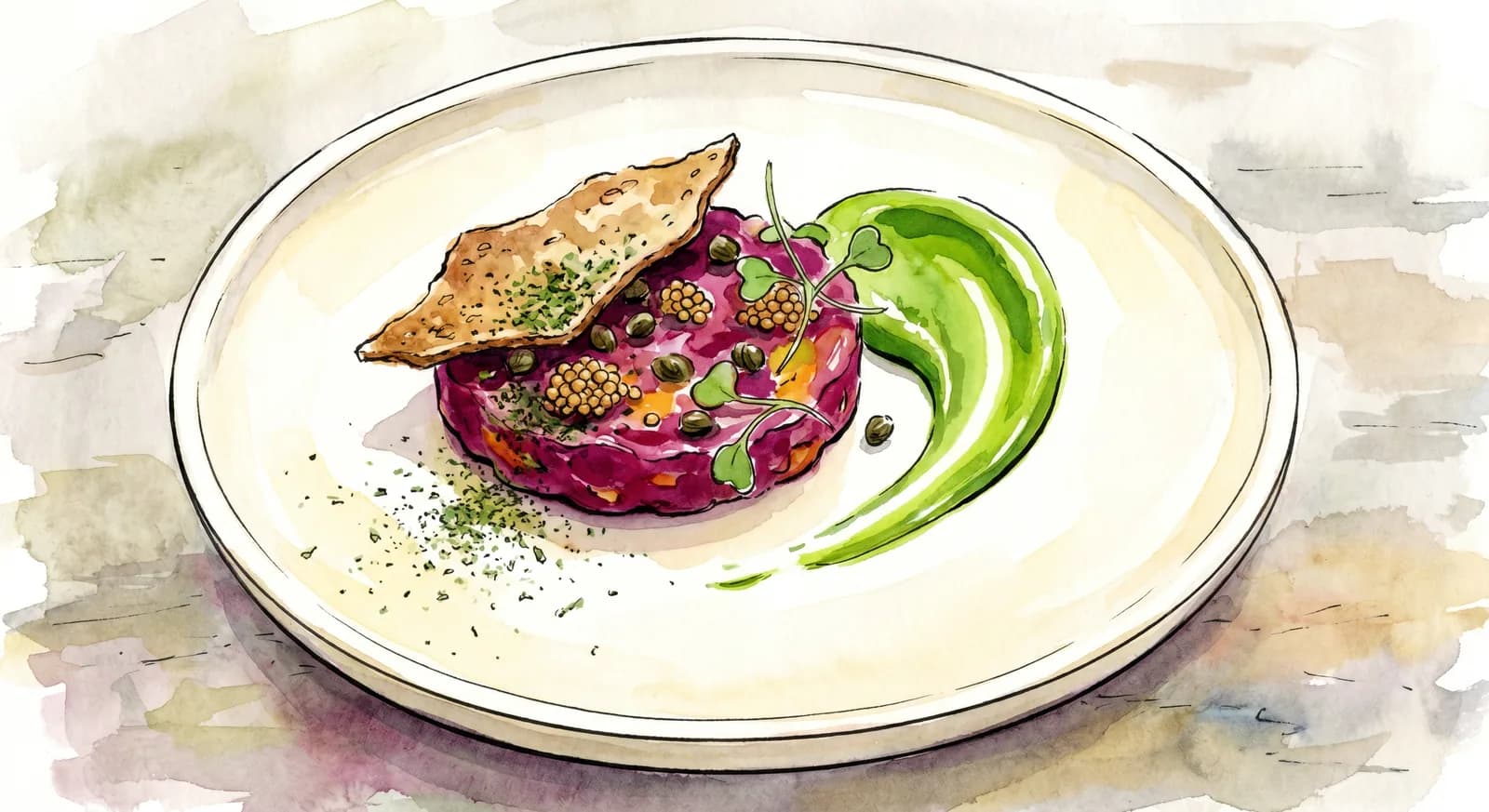 A single plant-based course at the EMP bar room, beetroot or carrot tartare plated minimally on cream porcelain
