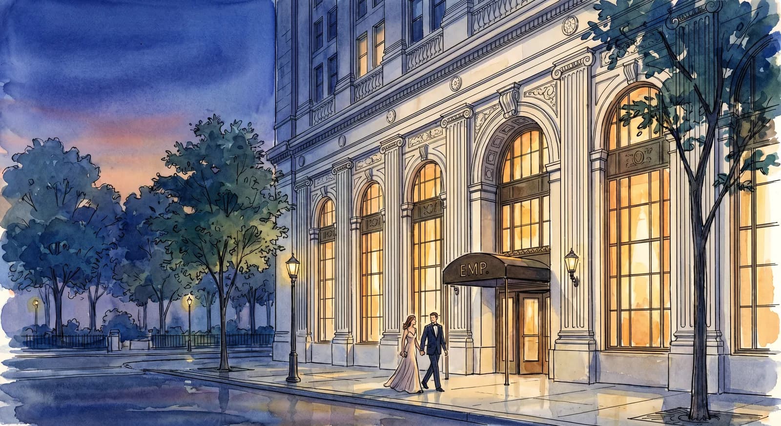Exterior of Eleven Madison Park at 11 Madison Avenue, the 1909 Met Life Building facade glowing at dusk with Madison Square Park in foreground
