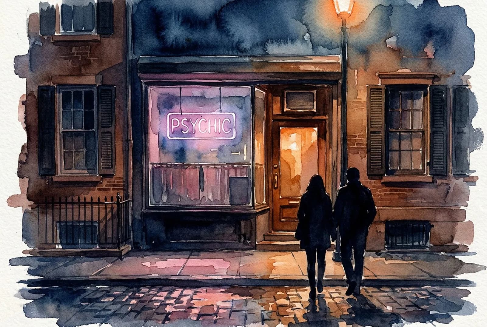 AI-generated watercolor: nighttime West Village bar exterior with glowing pink neon psychic sign in window, warm amber light from door, two silhouetted pedestrians on wet cobblestones