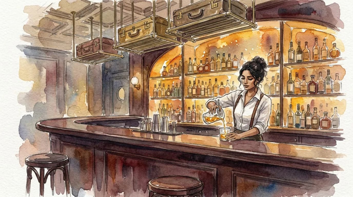 AI-generated watercolor: Art Deco cocktail bar interior with curved mahogany bar, backlit amber bottles on shelves, overhead luggage racks, South Asian woman bartender in white shirt and suspenders shown in three-quarter view mid-pour