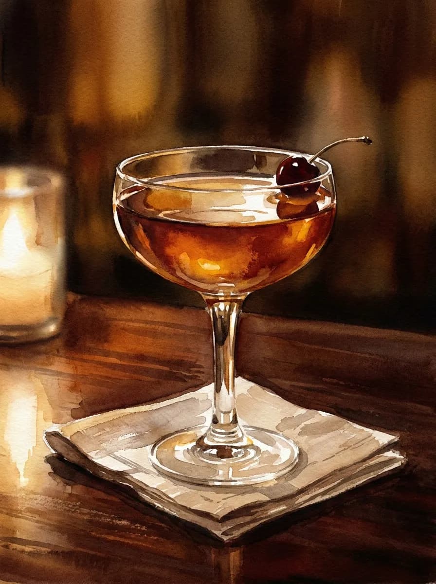 AI-generated watercolor: close-up still life of a coupe glass with deep amber Manhattan cocktail and Luxardo cherry on the rim, folded linen napkin on dark mahogany bar, warm candlelight from the left