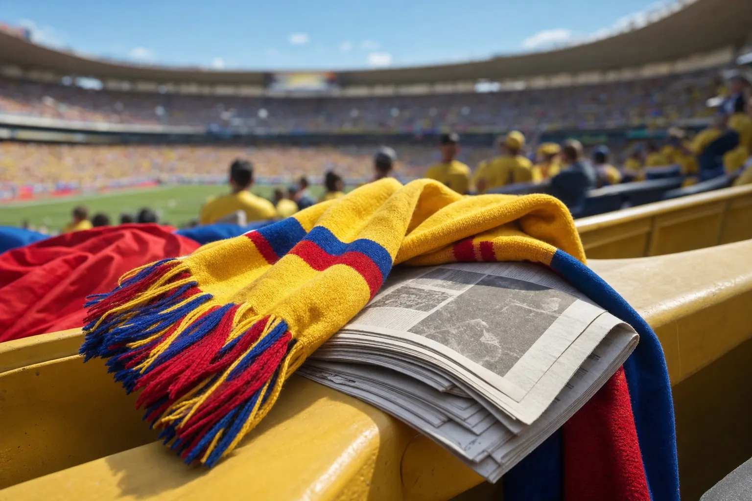 Bright realistic stadium-seat image with Colombia-colored scarf for Andrés Escobar World Cup explainer