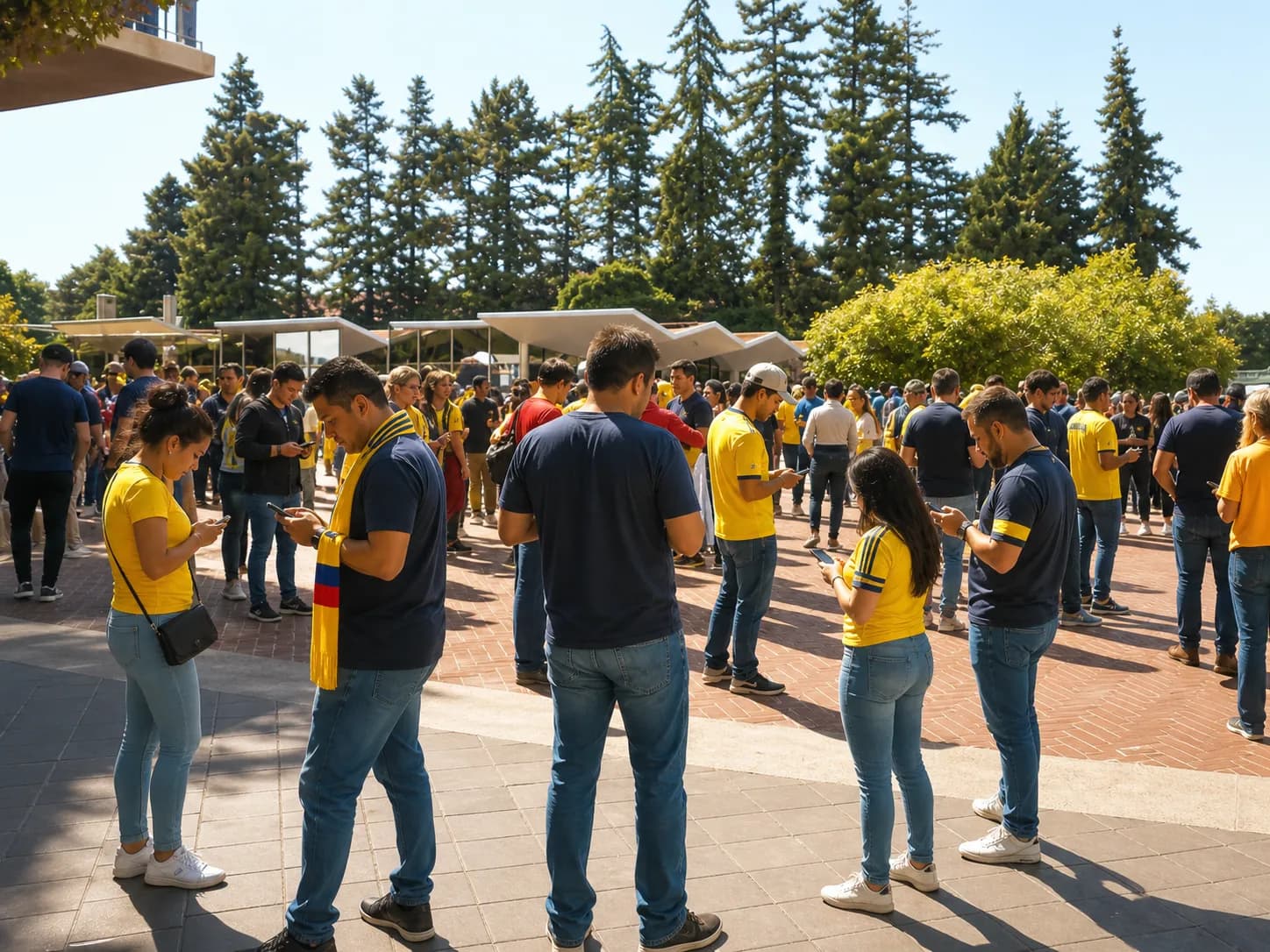 Bright realistic public plaza image of fans checking World Cup news on phones