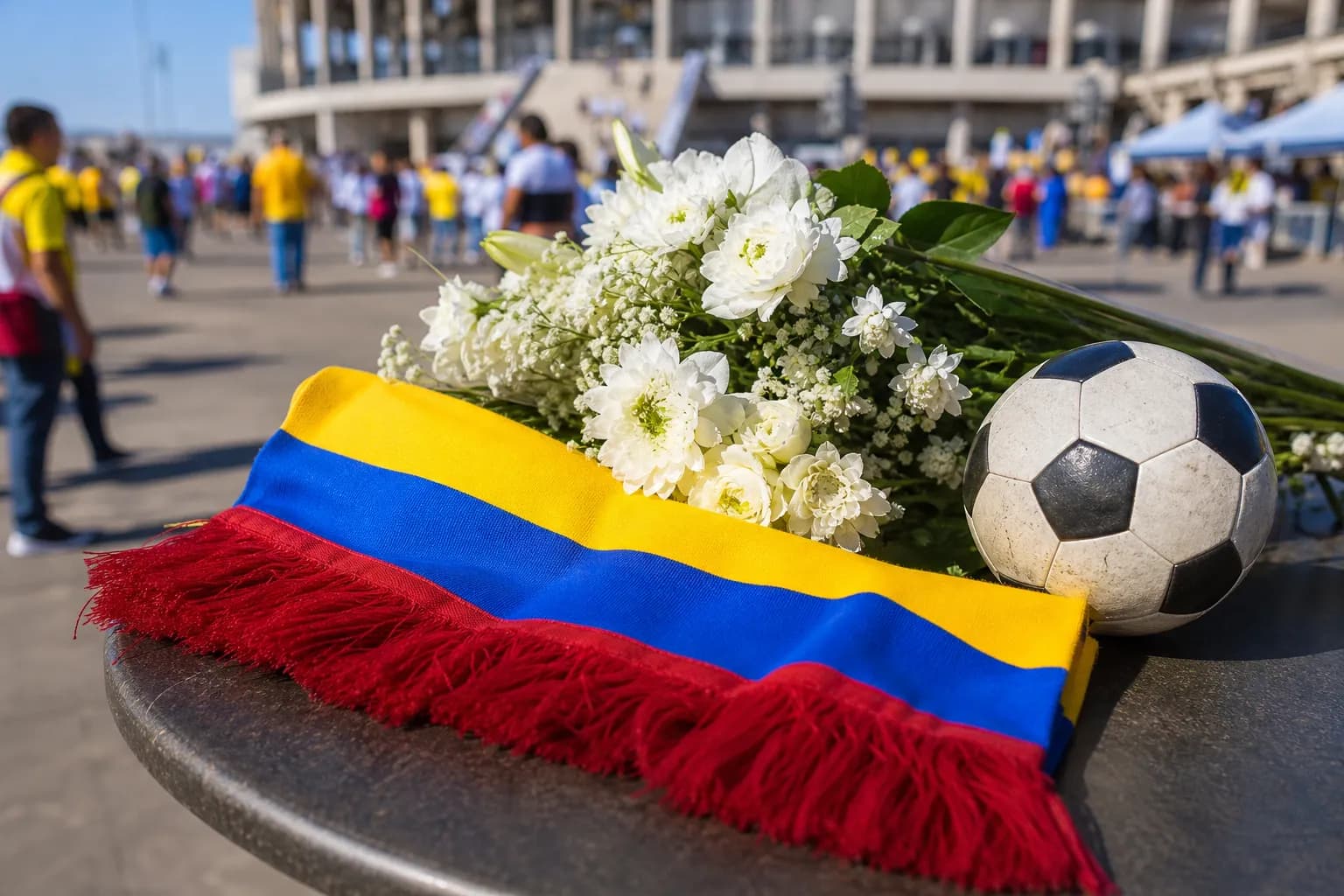 Bright realistic respectful fan display with Colombia-colored scarf and football