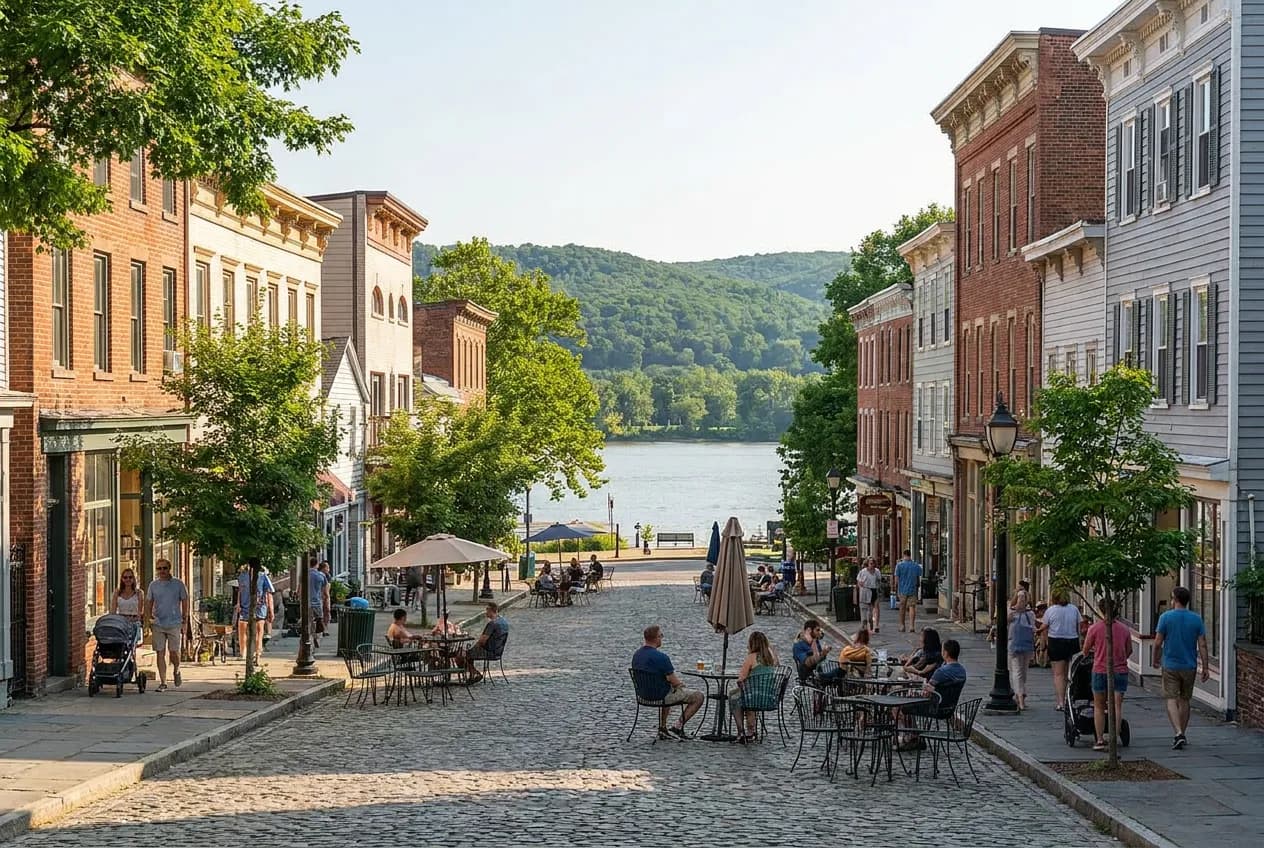 A historic small-town Main Street of brick and clapboard storefronts sloping down toward a wide river with green hills across the water
