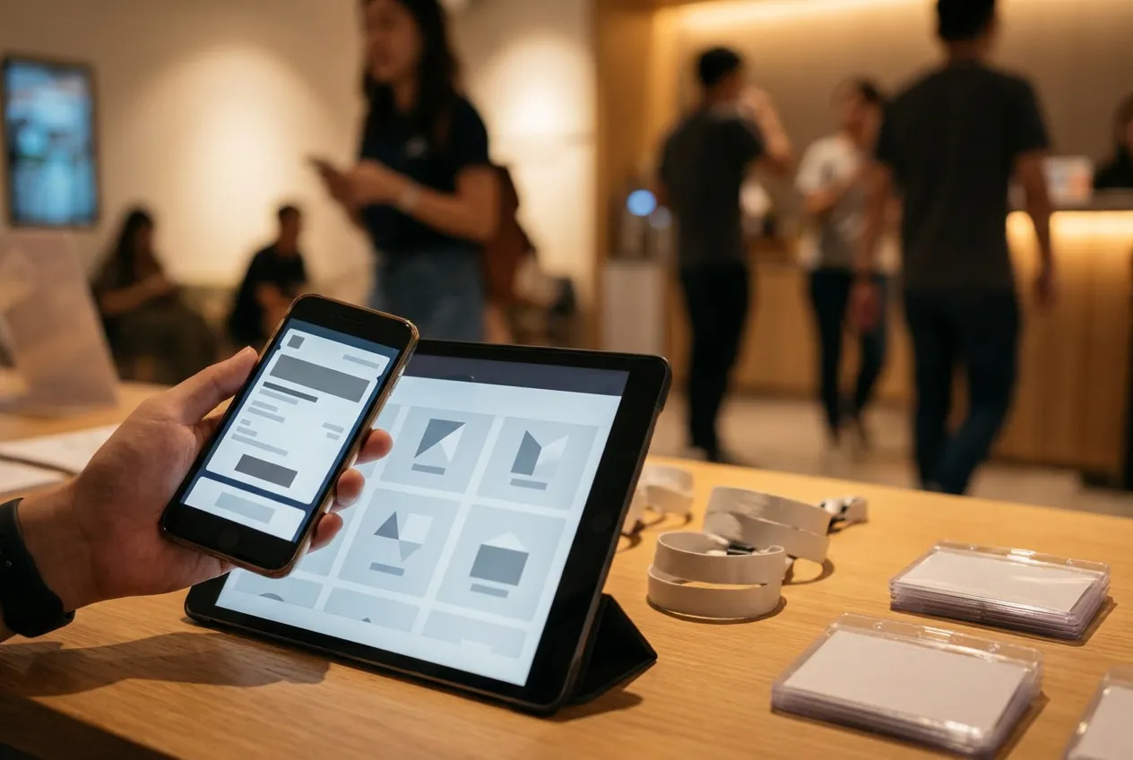 Event check-in table with phone, tablet, blank badges, abstract attendee UI, and blurred people in a venue