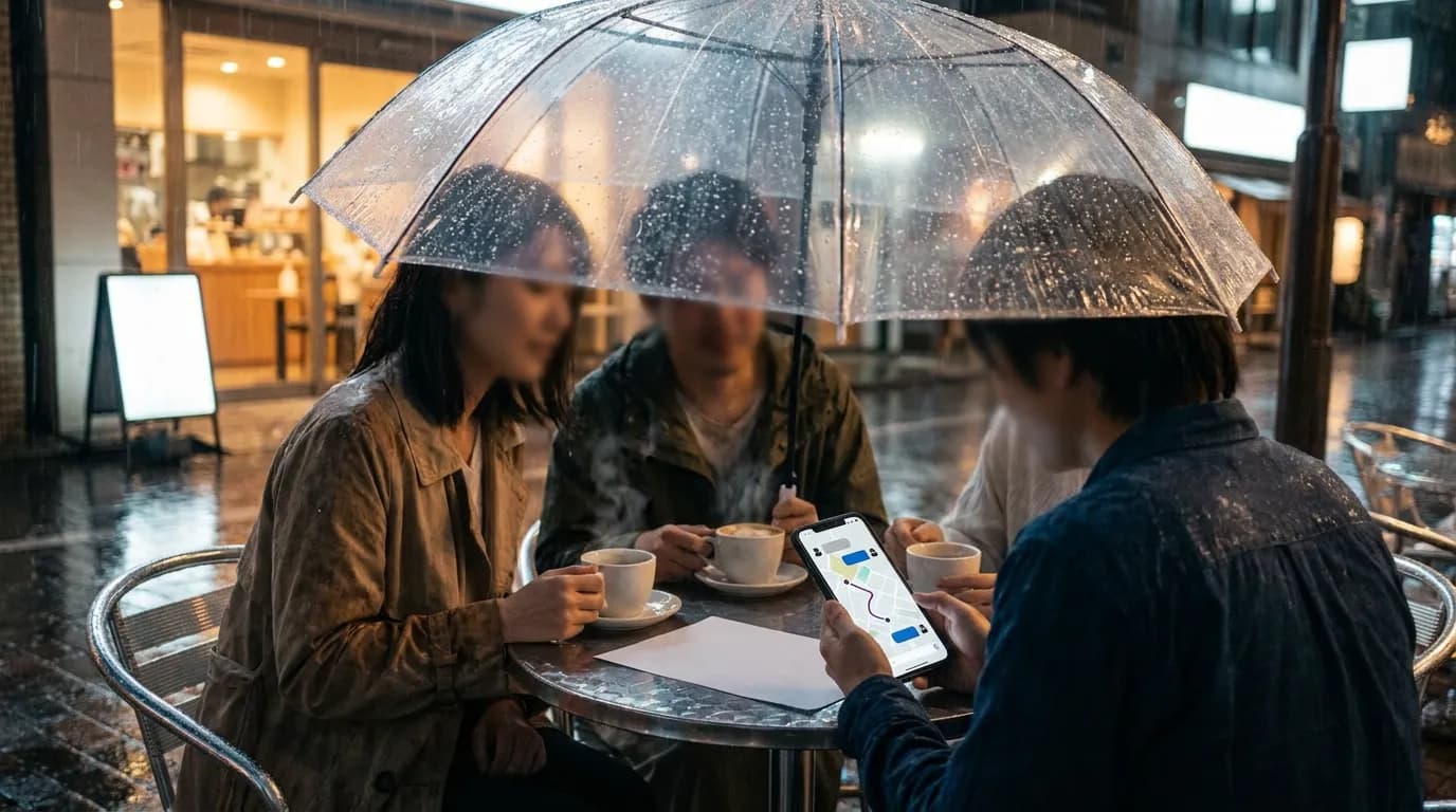 Rainy city table where friends use a phone with abstract local assistant UI to coordinate around an event plan