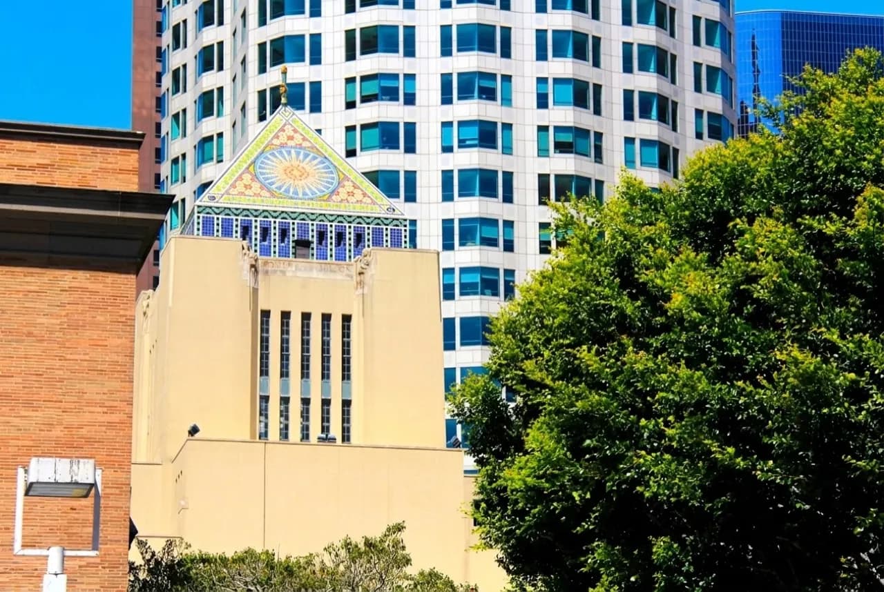 The 1926 Los Angeles Central Library with its tiled pyramid under a bright sky