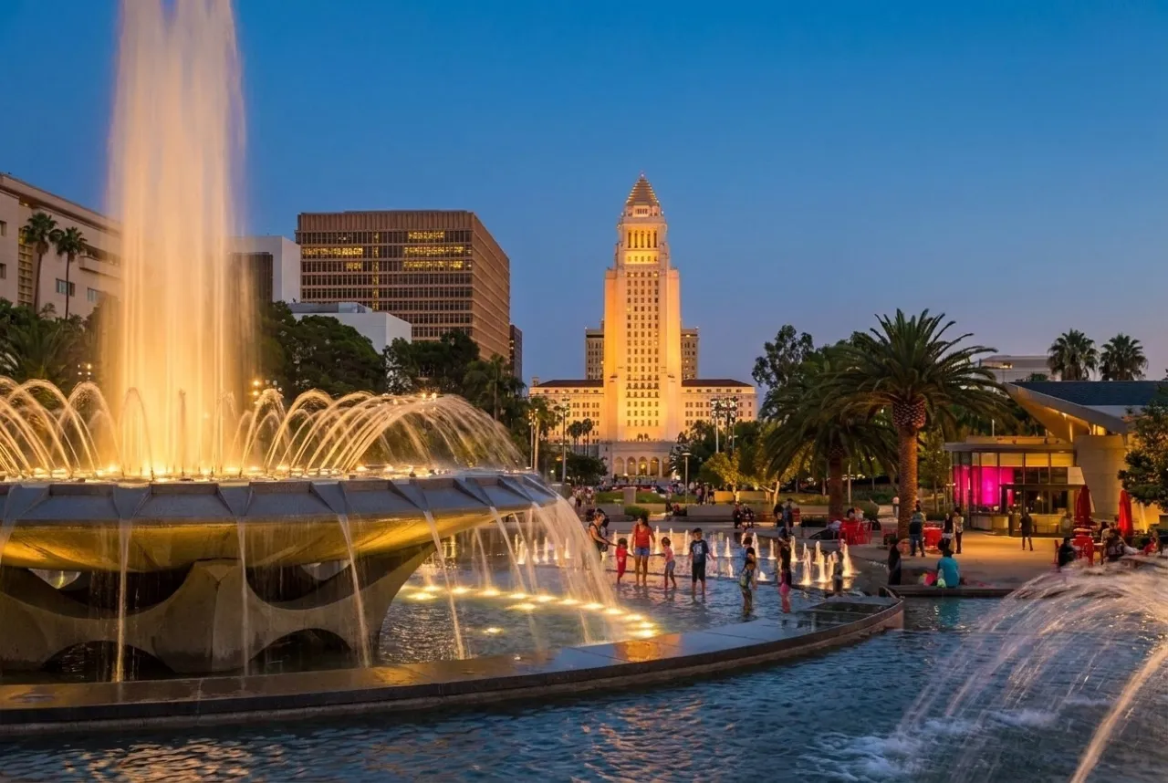 Grand Park's Arthur J. Will fountain lit up in front of Los Angeles City Hall