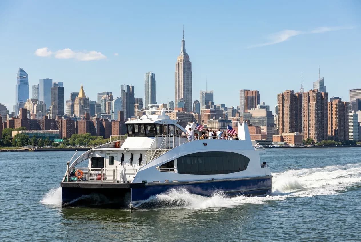 A modern passenger ferry cutting across New York Harbor on a bright summer day with the skyline behind it