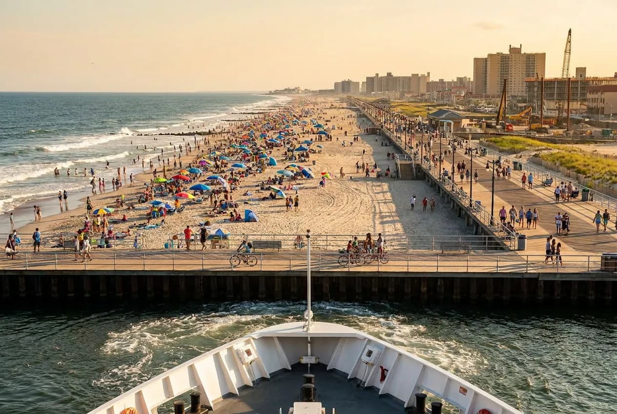 A crowded summer beach and boardwalk seen from the water as a ferry approaches the shoreline