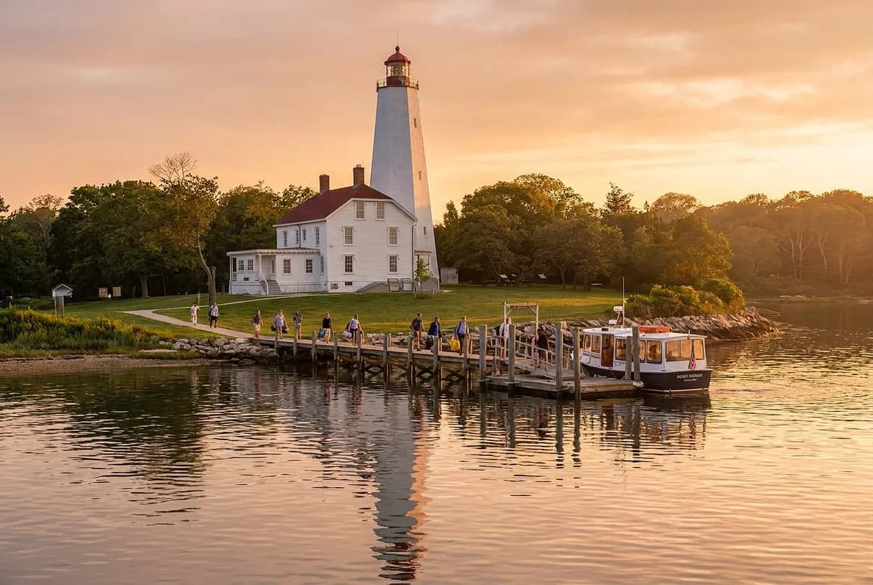 A coastal lighthouse and calm bay near a ferry landing at golden hour with a few passengers disembarking