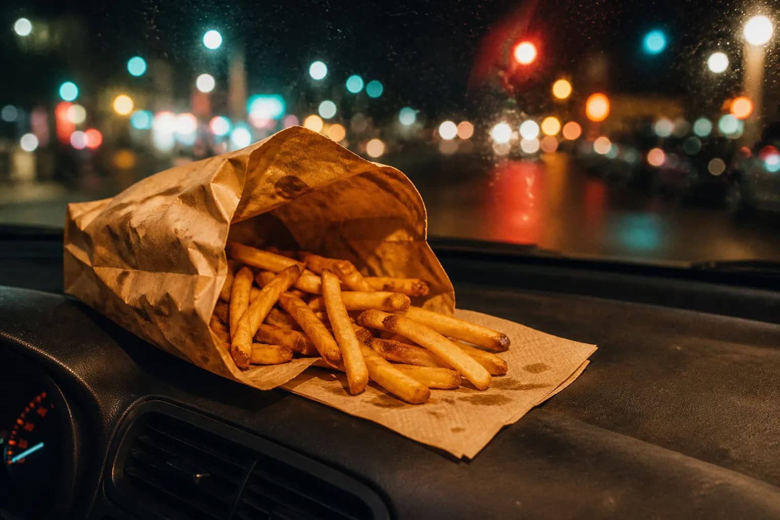 A paper bag of fast food with loose fries on a car dashboard at night, soft neon glow through the windshield
