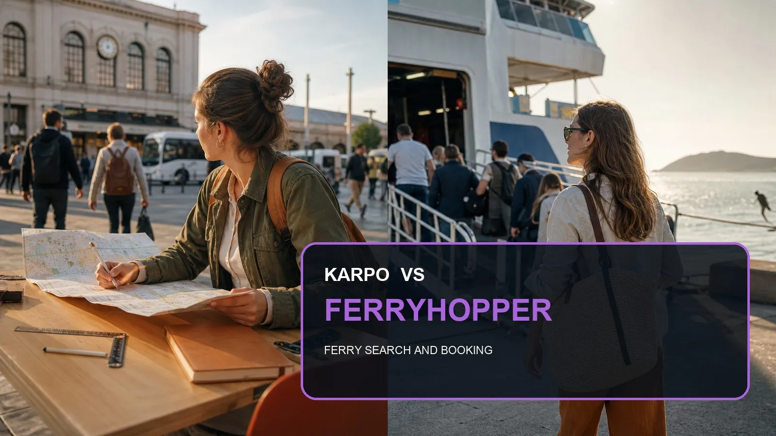 Karpo versus Ferryhopper in a photorealistic editorial comparison.