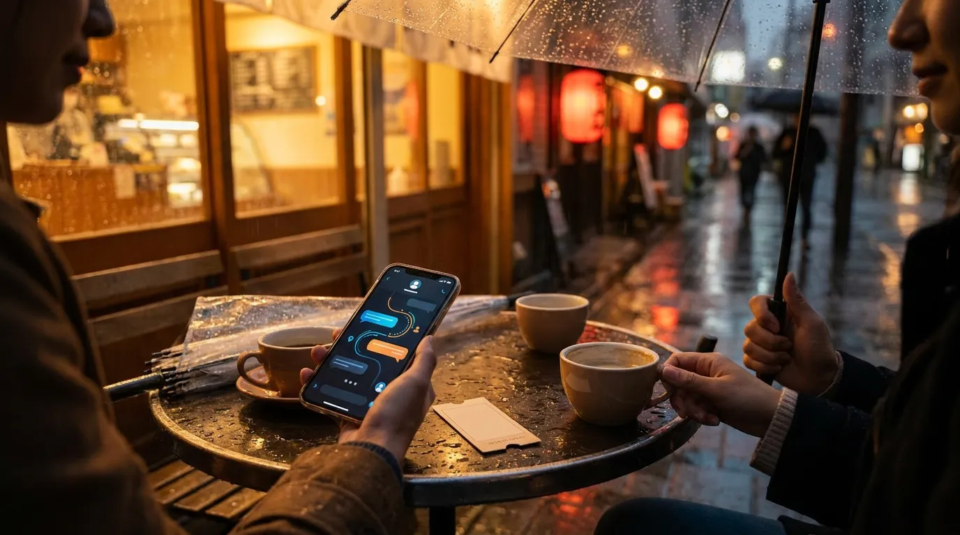 Rainy night-out backup scene with friends, coffee, umbrella, blank ticket, and abstract local assistant phone UI