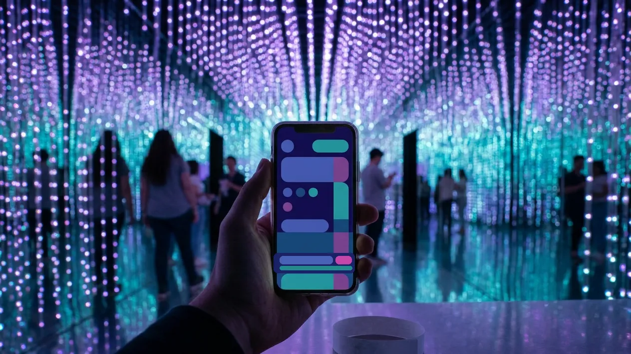 Immersive light exhibition entry scene with a phone showing abstract ticket UI and visitors entering the experience