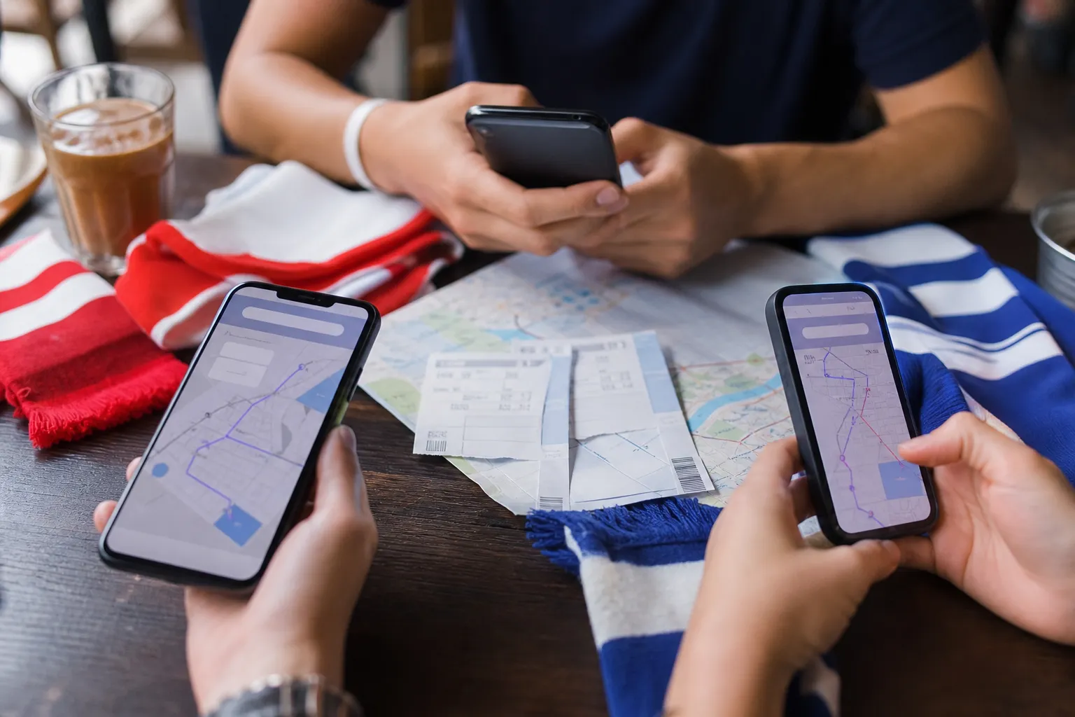 Bright World Cup bracket planning scene with phones and match cards