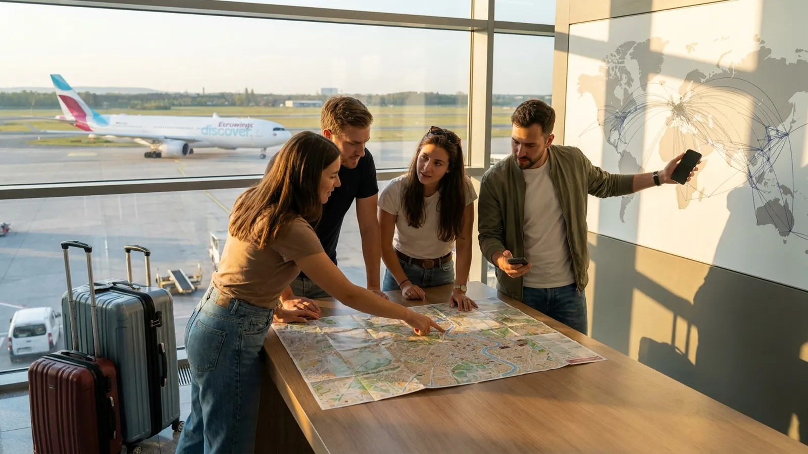 Photorealistic group decision scene showing when to use Karpo and when to use FlightConnections.