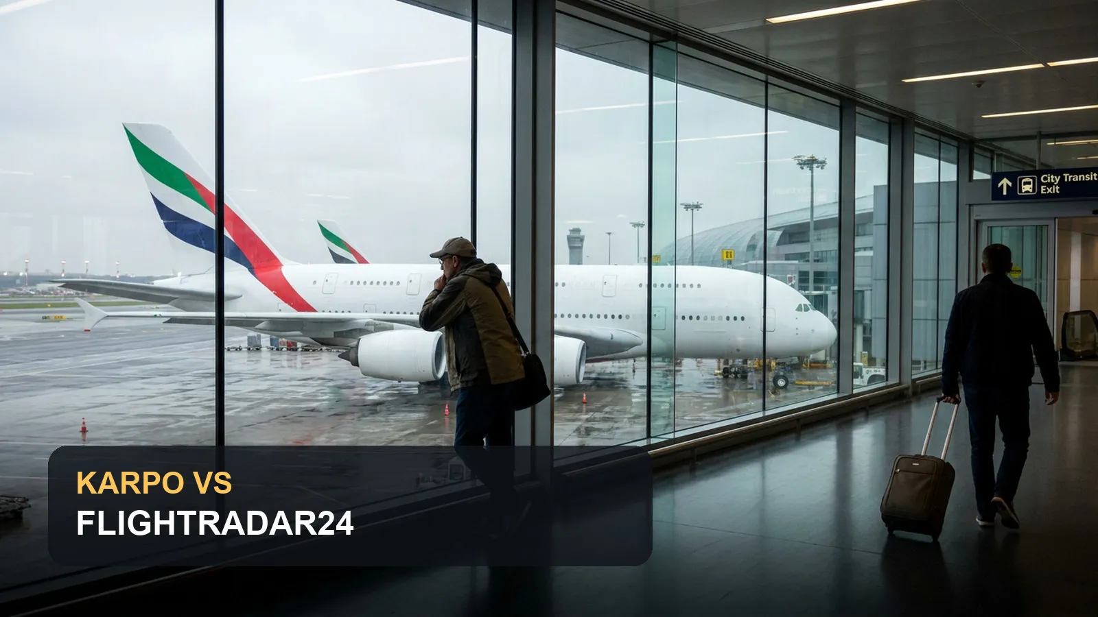 Karpo versus Flightradar24 in an editorial airport observation and city planning scene.