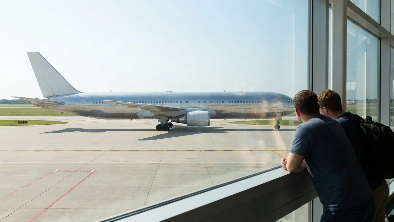 Travelers watching aircraft movement near an airport observation window.