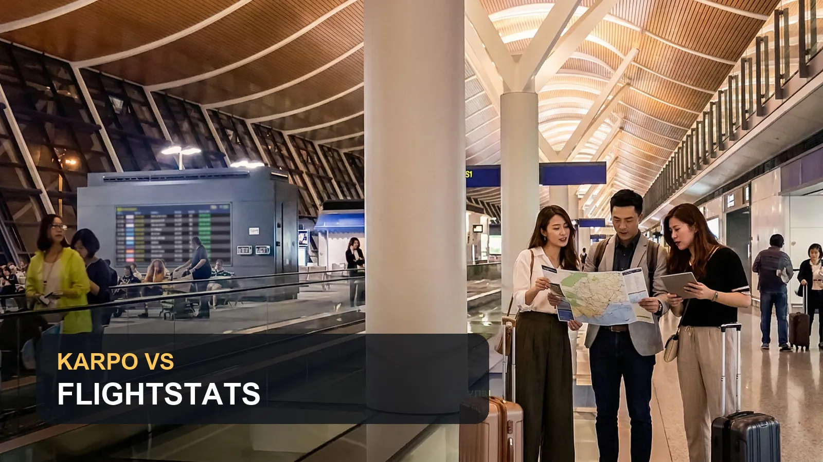 Karpo versus FlightStats in a real airport departure hall and arrival planning scene.