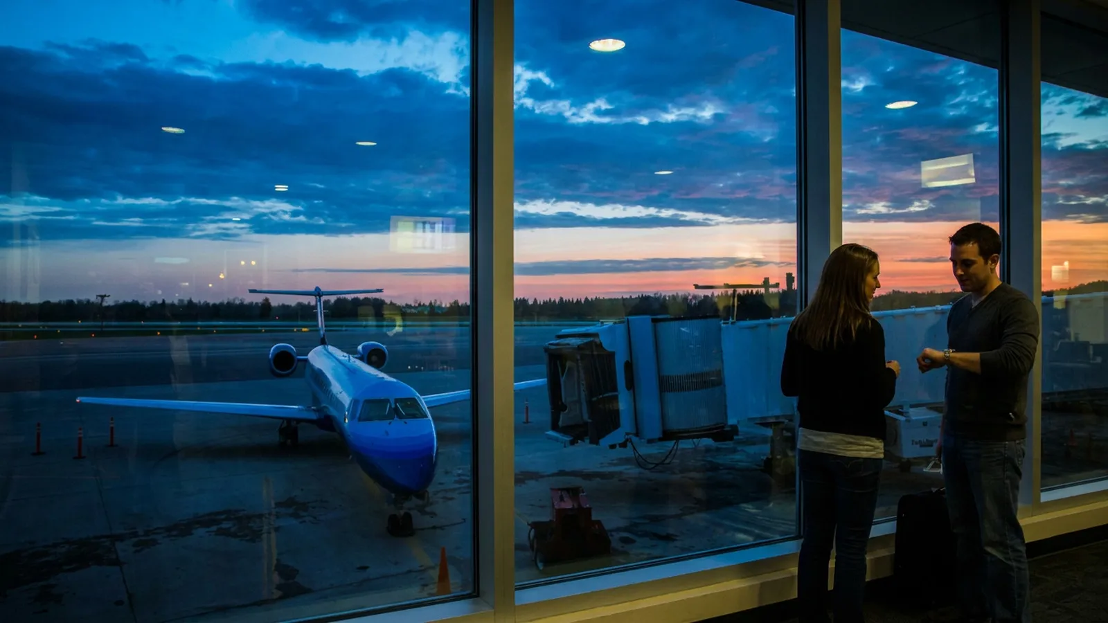 A traveler making a connection decision in a bright airport terminal.
