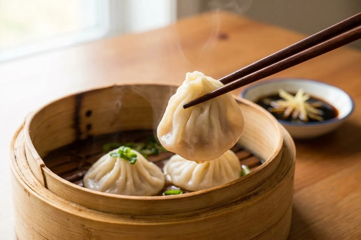 Steaming xiao long bao lifted by chopsticks from a bamboo steamer beside a dish of black vinegar with shredded ginger