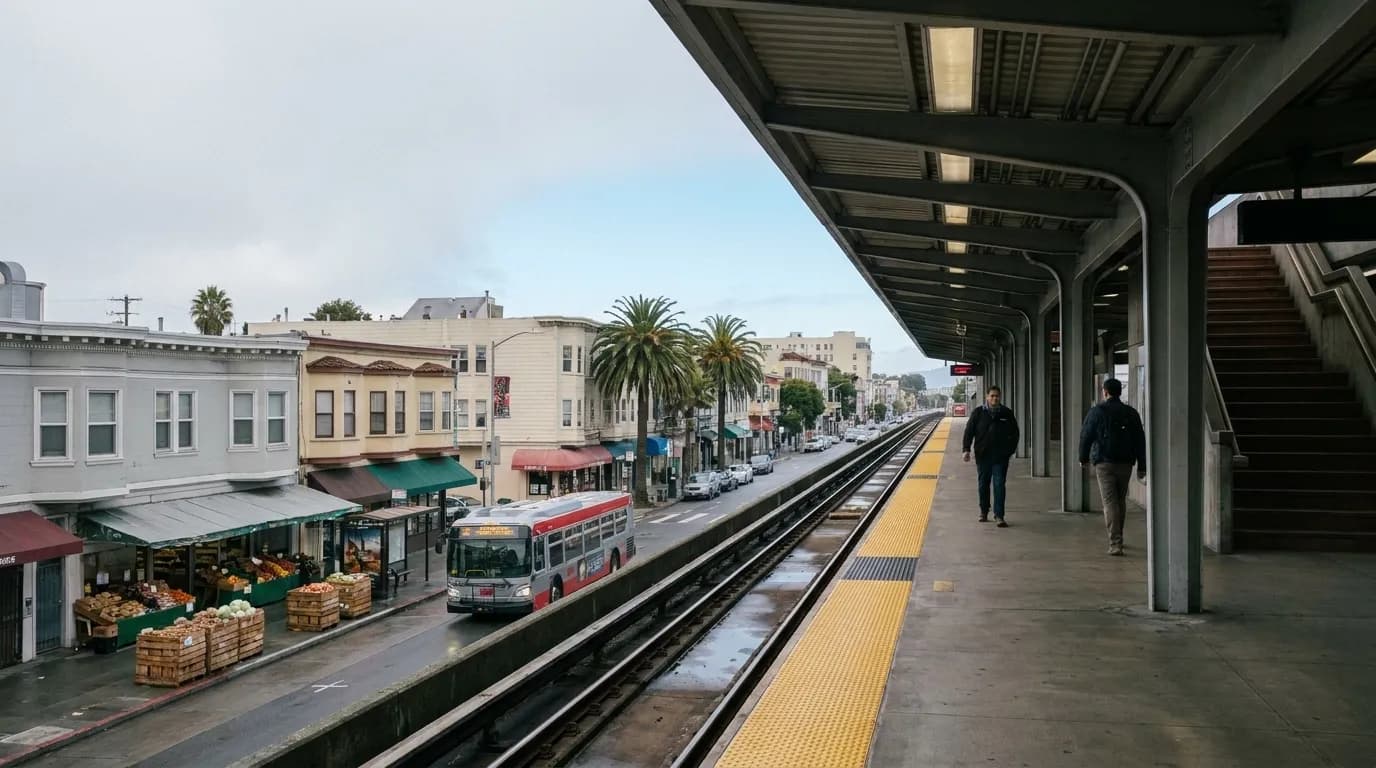 The 24th Street Mission station plaza on a grey August weekday morning in San Francisco