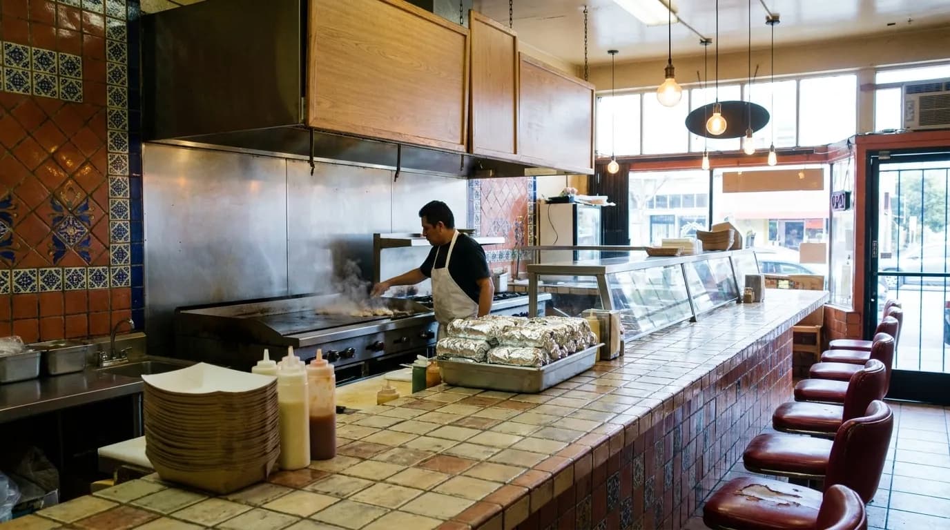 The counter of a long-running Mission District taqueria in San Francisco at lunchtime