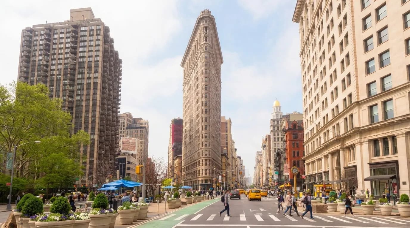 Wide view down Broadway in the Flatiron District with the Flatiron Building at center, crosswalks and planters in the foreground