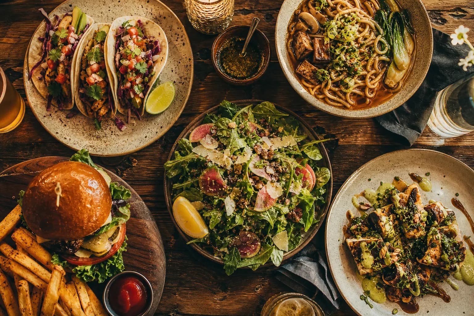 Overhead flat-lay of diverse restaurant dishes on a wooden table at golden hour