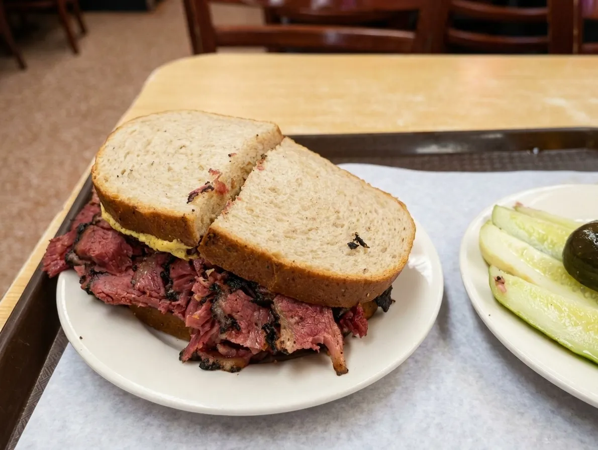 Hand-carved pastrami sandwich on rye with pickle spears on a deli tray in New York