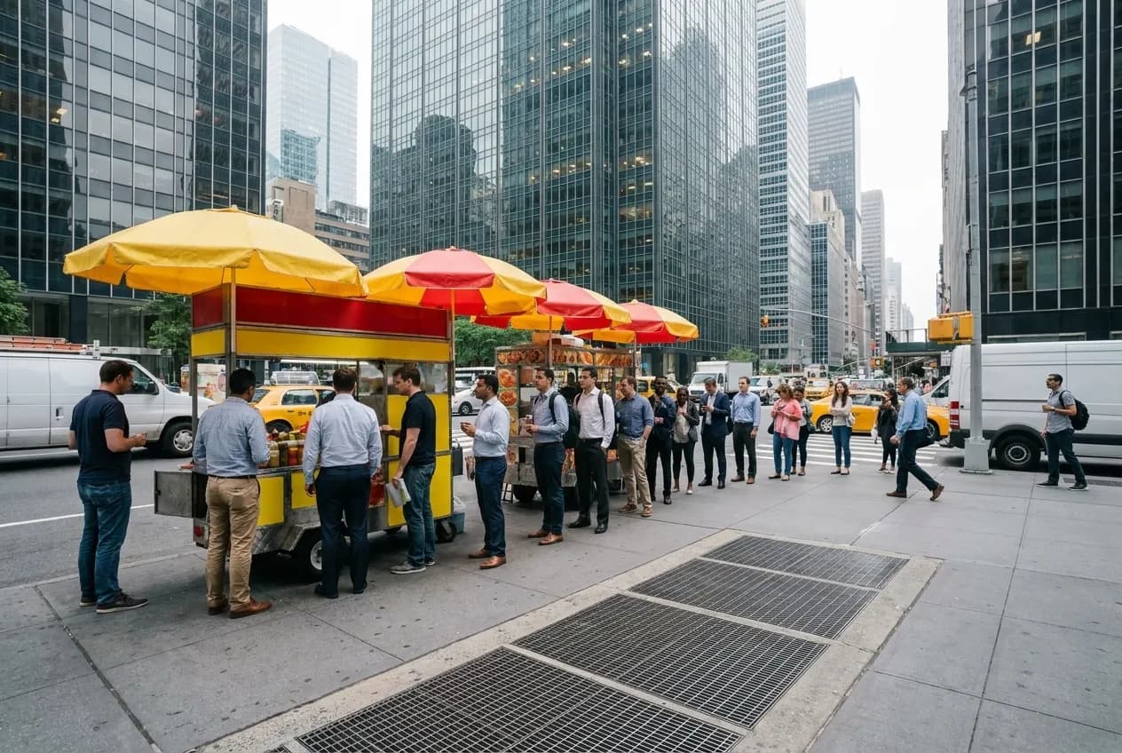 Long lunch line at food carts with yellow umbrellas on a wide Midtown Manhattan sidewalk